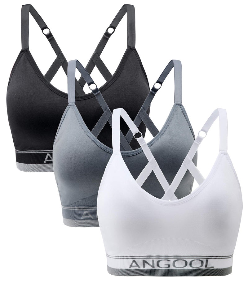 ANGOOL Strappy Sports Bra for Women, Longline Medium Support Yoga Bra Wirefree Padded Sports Bra with Adjustable Straps White 3 Pack - Image 1